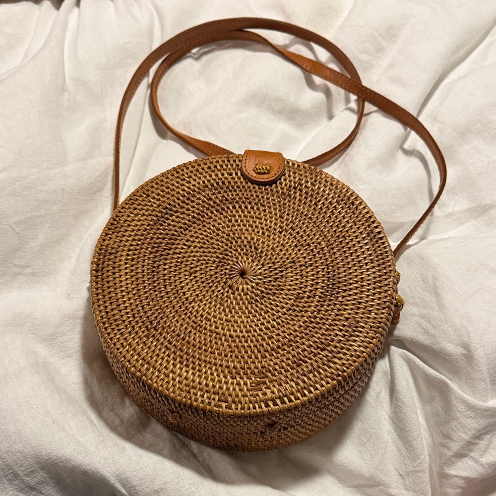 Brown Woven Round Crossbody Bag